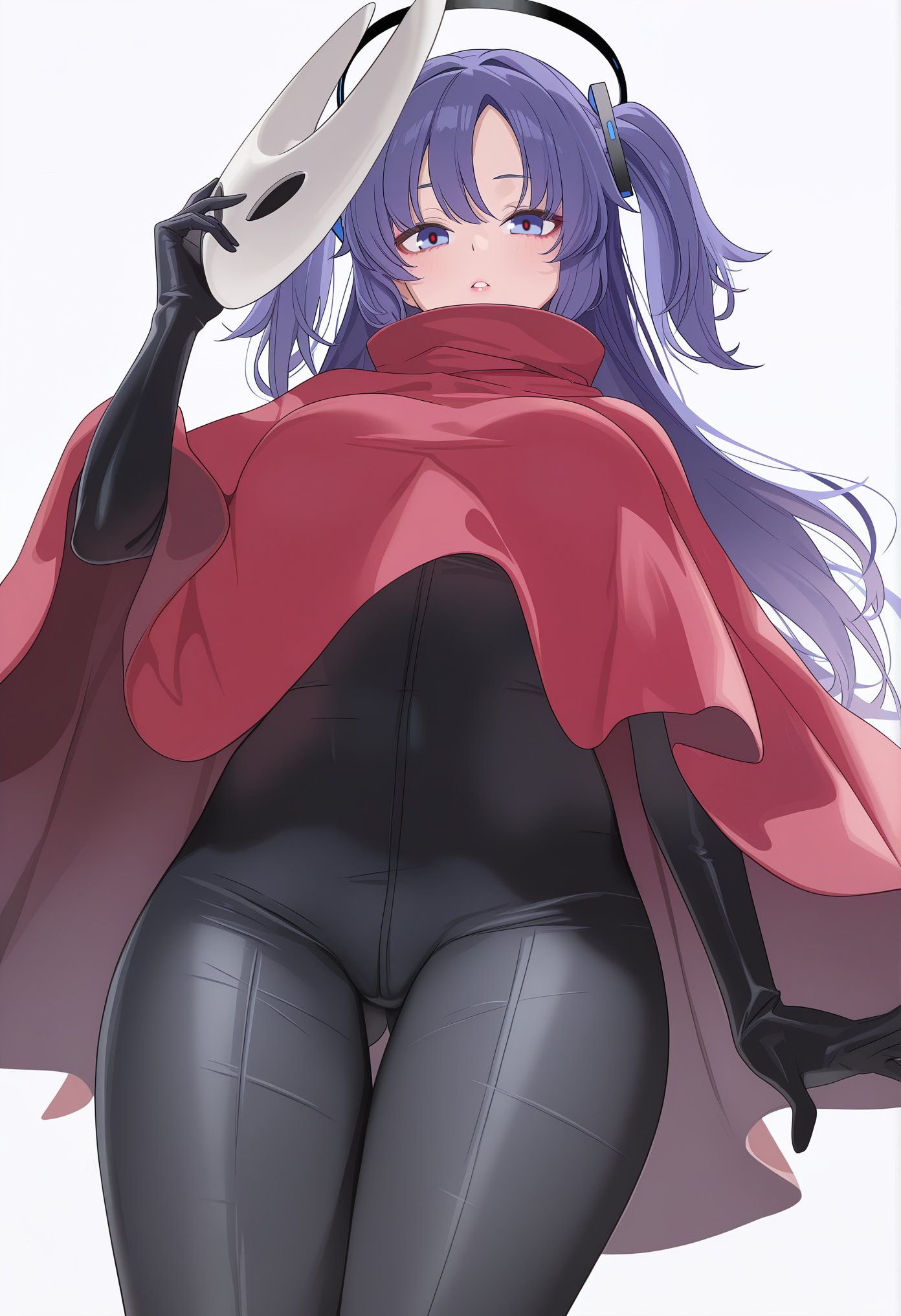 huludan50430 (aigc), hornet (hollow knight), yuuka (blue archive), blue archive, hollow knight, hollow knight: silksong, highres, 1girl, black bodysuit, blue eyes, blue hair, bodysuit, bodysuit under clothes, cape, cosplay, from below, hair ornament, halo, long hair, looking at viewer, mask, open mouth, red cape, simple background, solo, twintails, white background