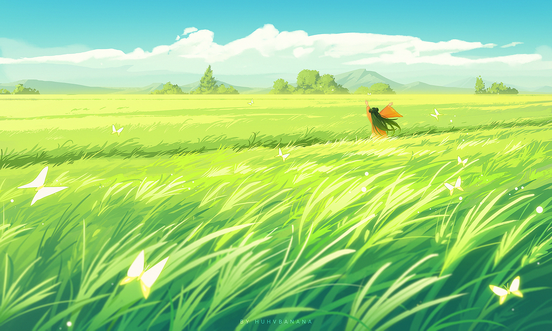 huhv., original, chinese commentary, commentary request, highres, 1girl, arms up, artist name, black hair, blue sky, bug, butterfly, chinese clothes, cloud, day, double bun, field, from behind, grass, hair bun, hanfu, insect, long hair, long sleeves, mountainous horizon, nature, outdoors, scenery, sky, solo, standing, tree, wide shot, wide sleeves, zhijupao