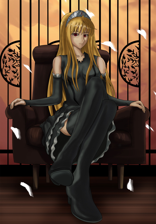 ews, hime (kaibutsu oujo), kaibutsu oujo, 00s, blonde hair, detached sleeves, long hair, red eyes, solo, thighhighs, tiara, very long hair