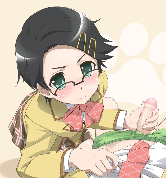 youkan, asahina akane, oyamada kouta, kanokon, 00s, 1boy, 1girl, black-framed eyewear, black hair, blush, boxers, clothes lift, flaccid, foreskin, frown, glasses, green eyes, hair ornament, hairclip, handjob, hetero, looking at viewer, male underwear, necktie, over-rim eyewear, penis, pov, school uniform, semi-rimless eyewear, serafuku, shirt lift, short hair, shota, skirt, uncensored, underwear