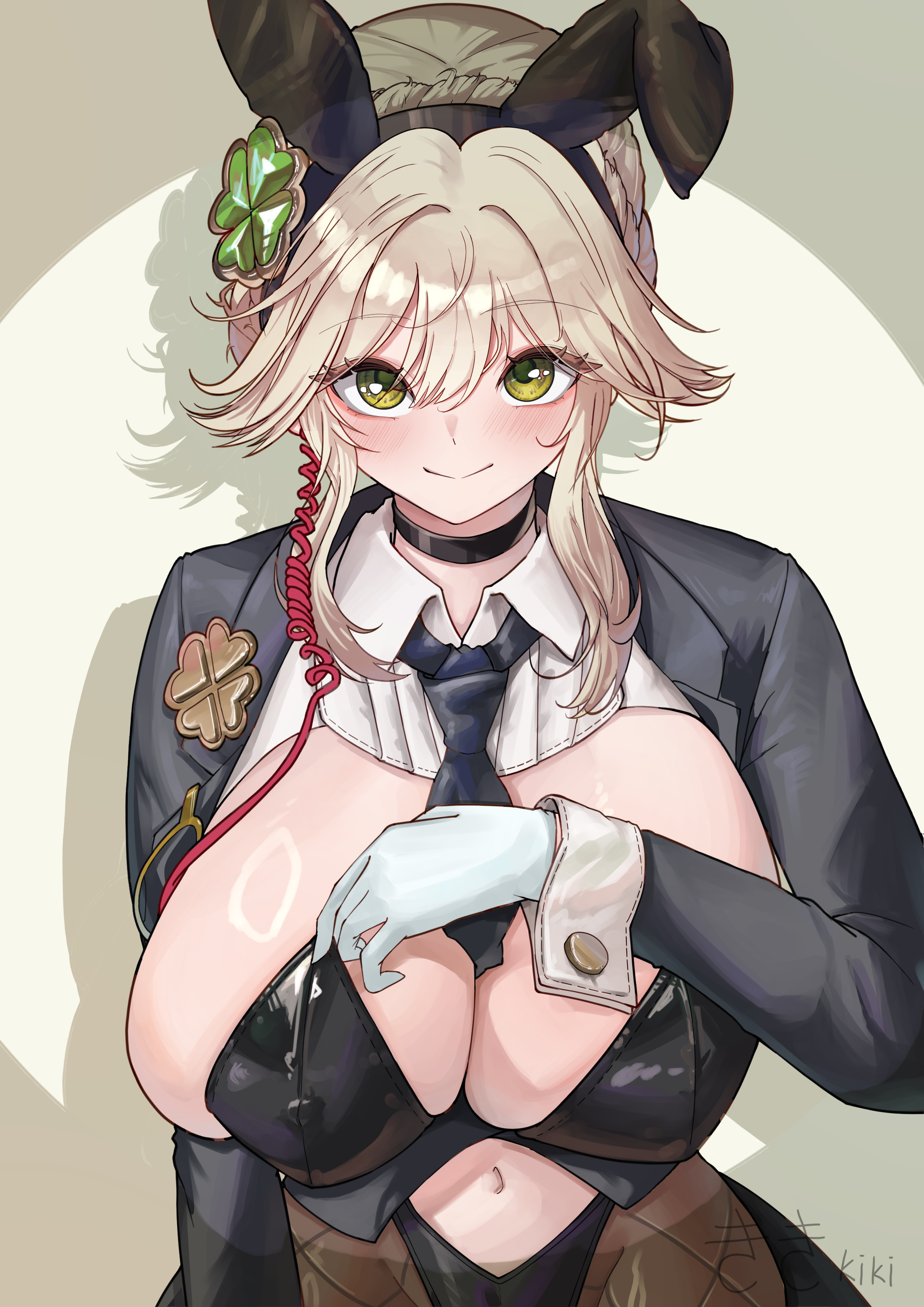 kiki (akasaka0818), ade (agent bunny) (nikke), ade (nikke), goddess of victory: nikke, absurdres, highres, 1girl, animal ear hairband, animal ears, between breasts, black leotard, black necktie, breasts, clothing cutout, clover hair ornament, clover pin, fake animal ears, fishnet pantyhose, fishnets, four-leaf clover hair ornament, hair ornament, hairband, large breasts, leotard, navel cutout, necktie, necktie between breasts, pantyhose, playboy bunny, rabbit ear hairband, rabbit ears, solo, undersized breast cup