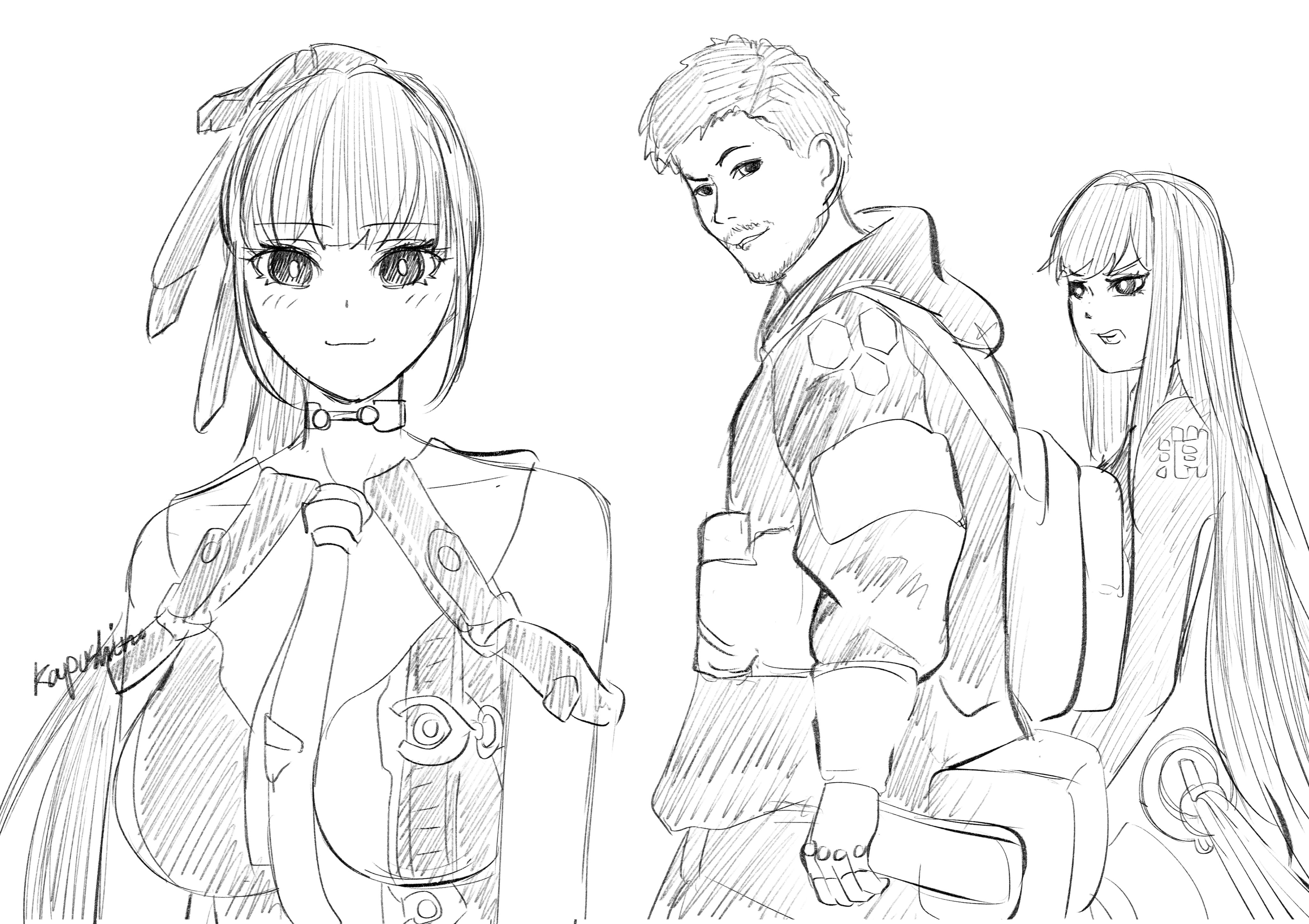 adam (stellar blade), eve (stellar blade), raven (stellar blade), stellar blade, absurdres, highres, 1boy, 2girls, aroused, black hair, distracted boyfriend (meme), faustino tk, fringe trim, hair between eyes, jealous, long hair, meme, monochrome, multiple girls, simple background, sketch, smile, white background