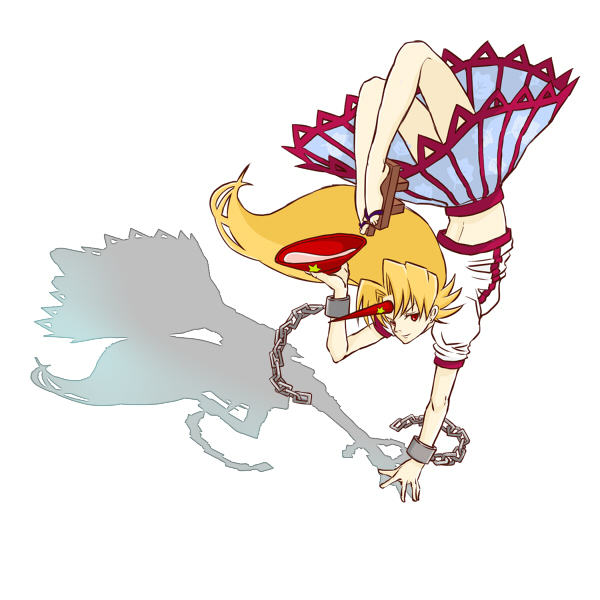 alioth (pixiv), arioto, hoshiguma yuugi, touhou, bad id, bad pixiv id, 1girl, alcohol, blonde hair, chain, cuffs, cup, female focus, full body, handstand, horns, long hair, one arm handstand, sakazuki, sake, shackles, shadow, simple background, single horn, solo, white background