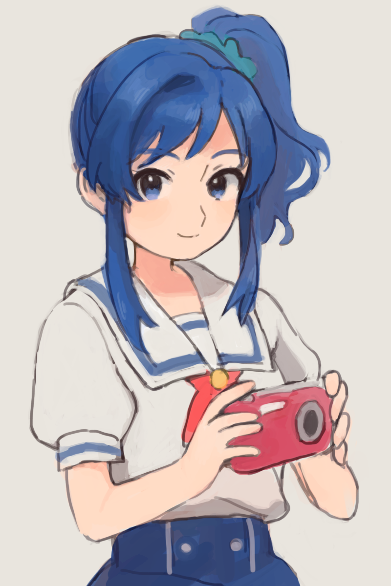 ketsuro, kiriya aoi, aikatsu!, aikatsu! (series), highres, 1girl, blue eyes, blue hair, camera, closed mouth, hair ornament, hair scrunchie, holding, holding camera, looking at viewer, medium hair, neckerchief, puffy short sleeves, puffy sleeves, red neckerchief, sailor collar, school uniform, scrunchie, shirt tucked in, short sleeves, side ponytail, simple background, smile, solo, upper body, white background, white sailor collar