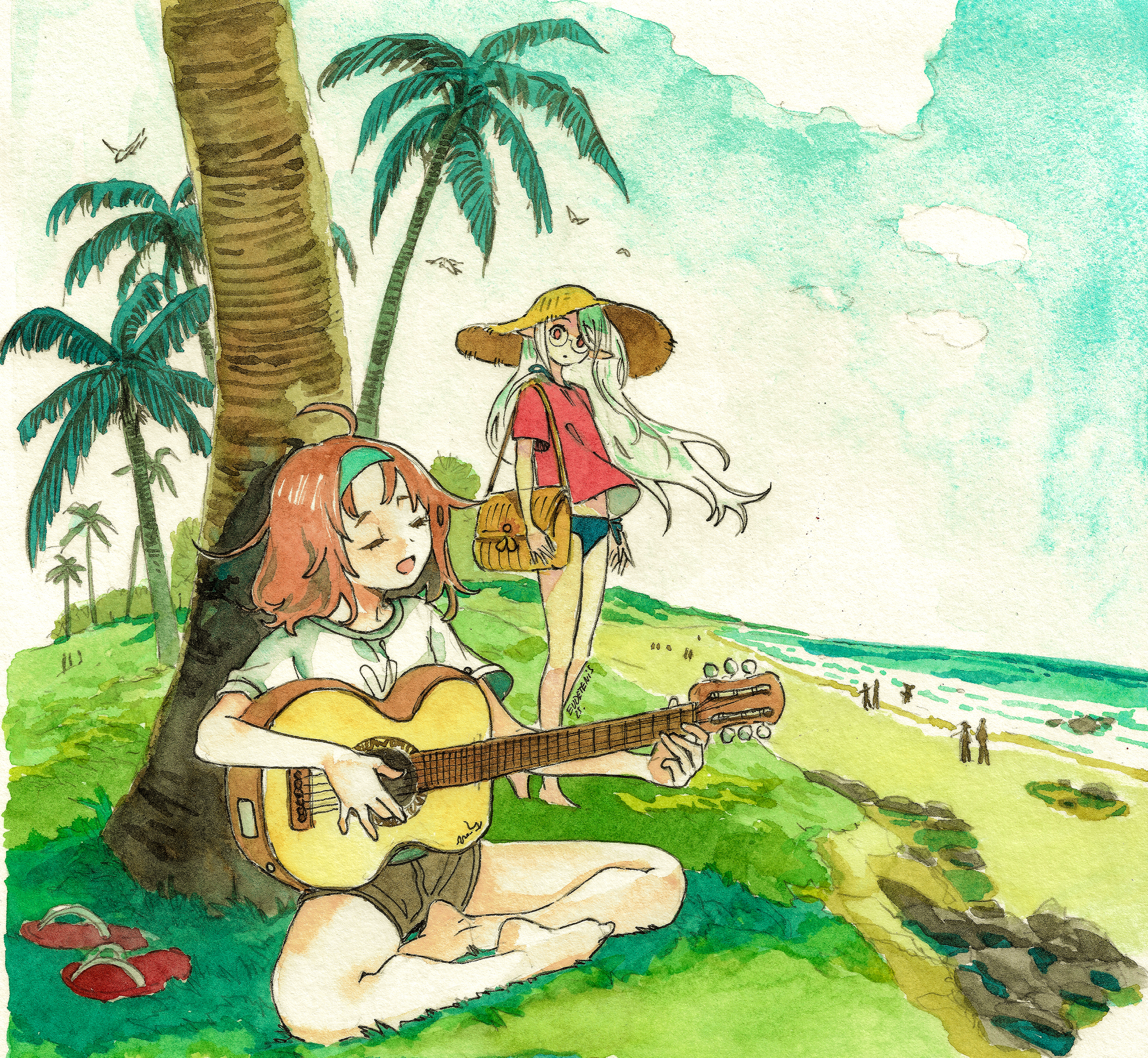eudetenis, original, commentary request, highres, painting (medium), traditional media, watercolor (medium), 2girls, ahoge, aqua bikini, arms at sides, artist name, bag, barefoot, beach, bikini, bikini bottom only, blue sky, brown shorts, closed eyes, cloud, day, dot nose, floating hair, glasses, green hair, green hairband, guitar, hairband, hat, holding, holding guitar, holding instrument, horizon, instrument, long hair, looking at another, medium hair, multiple girls, music, no pants, ocean, on ground, open mouth, outdoors, palm tree, people, playing guitar, playing instrument, pointy ears, red eyes, red hair, red shirt, round eyewear, sandals, shirt, shoes, short shorts, short sleeves, shorts, shoulder bag, simple bird, singing, sitting, sky, slice of life, standing, straw hat, sun hat, swimsuit, t-shirt, tree, unworn shoes, white shirt, wind