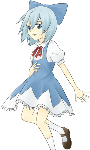urin, cirno, embodiment of scarlet devil, touhou, bad id, bad pixiv id, lowres, 1girl, blue eyes, blue hair, female focus, matching hair/eyes, short hair, simple background, solo, white background