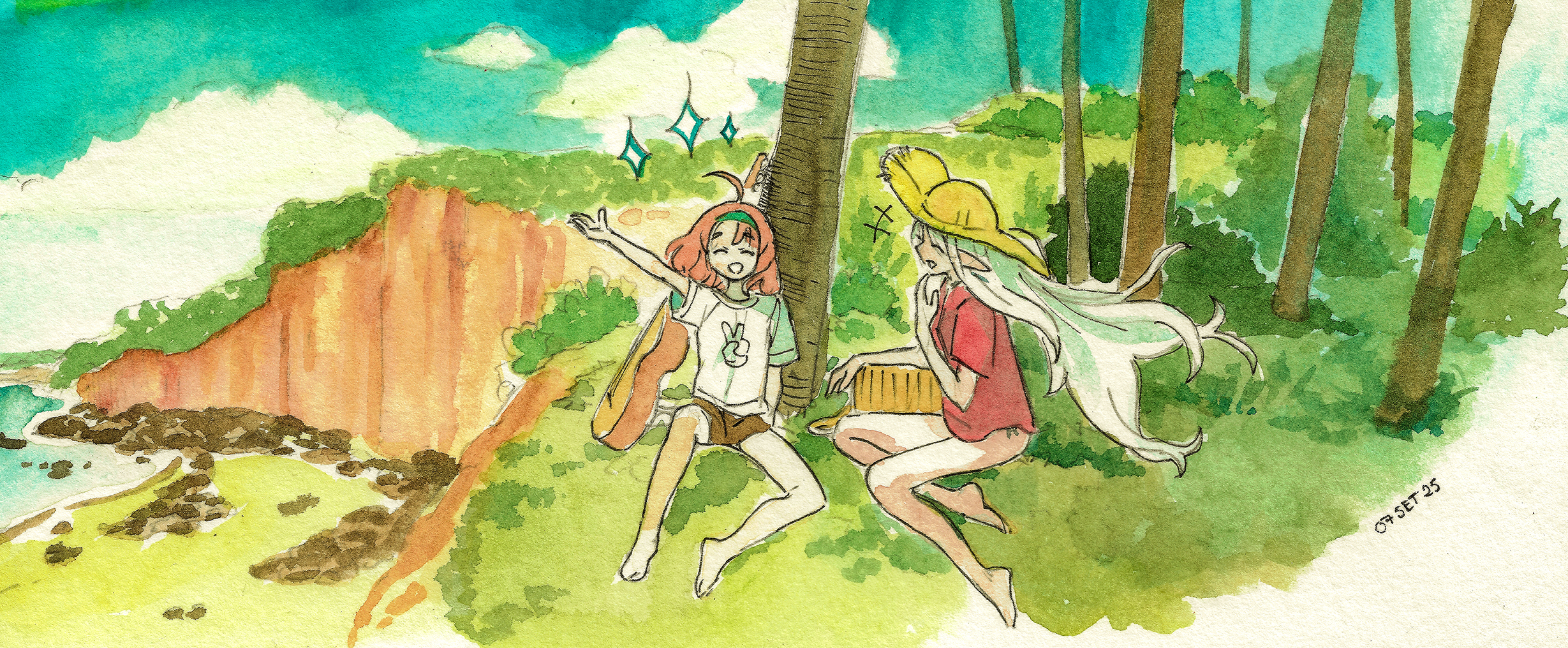 eudetenis, original, commentary request, highres, painting (medium), traditional media, watercolor (medium), 2girls, arm up, barefoot, blue sky, brown shorts, bush, cliff, closed eyes, cloud, dated, floating hair, green hair, guitar, hand up, hat, instrument, long hair, medium hair, multiple girls, no pants, open mouth, parted lips, pointy ears, print shirt, red hair, red shirt, shirt, shore, short shorts, short sleeves, shorts, sitting, sky, smile, sparkle, sun hat, t-shirt, tree, white shirt