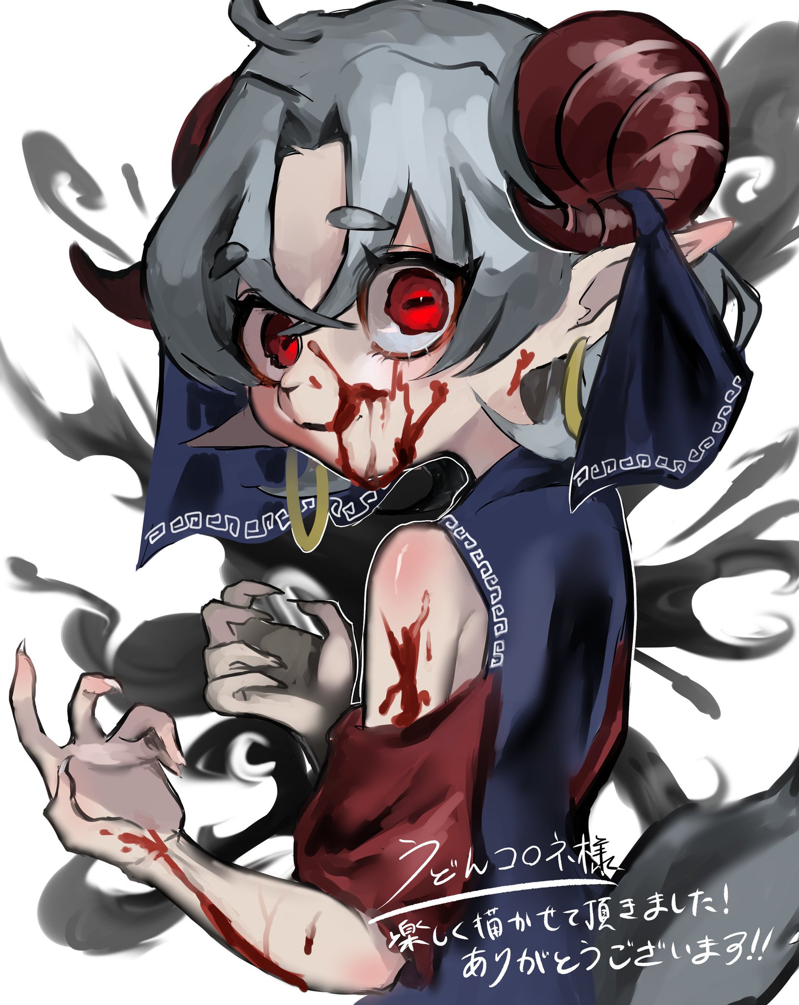 haniwa kue, black fog, toutetsu yuuma, touhou, highres, 1girl, bare shoulders, blood, blood from mouth, blood on arm, blood on face, blood on hands, blood on shoulder, blue dress, blue ribbon, dress, earrings, hoop earrings, horn ornament, horn ribbon, horns, jewelry, looking at viewer, parted bangs, pointy ears, rectangular pupils, red eyes, red sleeves, ribbon, sheep horns, short hair, white background, white hair
