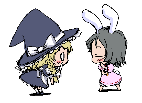 baku taso, itigekimaru, inaba tewi, kirisame marisa, touhou, 2girls, animal ears, chibi, dress, female focus, hat, multiple girls, rabbit ears, simple background, white background, witch, witch hat