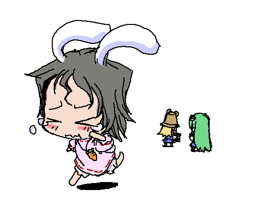 baku taso, itigekimaru, inaba tewi, kochiya sanae, moriya suwako, touhou, 3girls, animal ears, chibi, dress, female focus, hat, multiple girls, rabbit ears, simple background, tears, underwear, white background