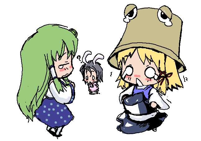 baku taso, itigekimaru, inaba tewi, kochiya sanae, moriya suwako, touhou, 3girls, animal ears, chibi, female focus, hat, multiple girls, rabbit ears, white background
