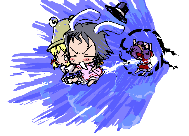 baku taso, itigekimaru, inaba tewi, moriya suwako, yasaka kanako, touhou, 3girls, animal ears, chibi, dress, female focus, hat, multiple girls, rabbit ears, skirt