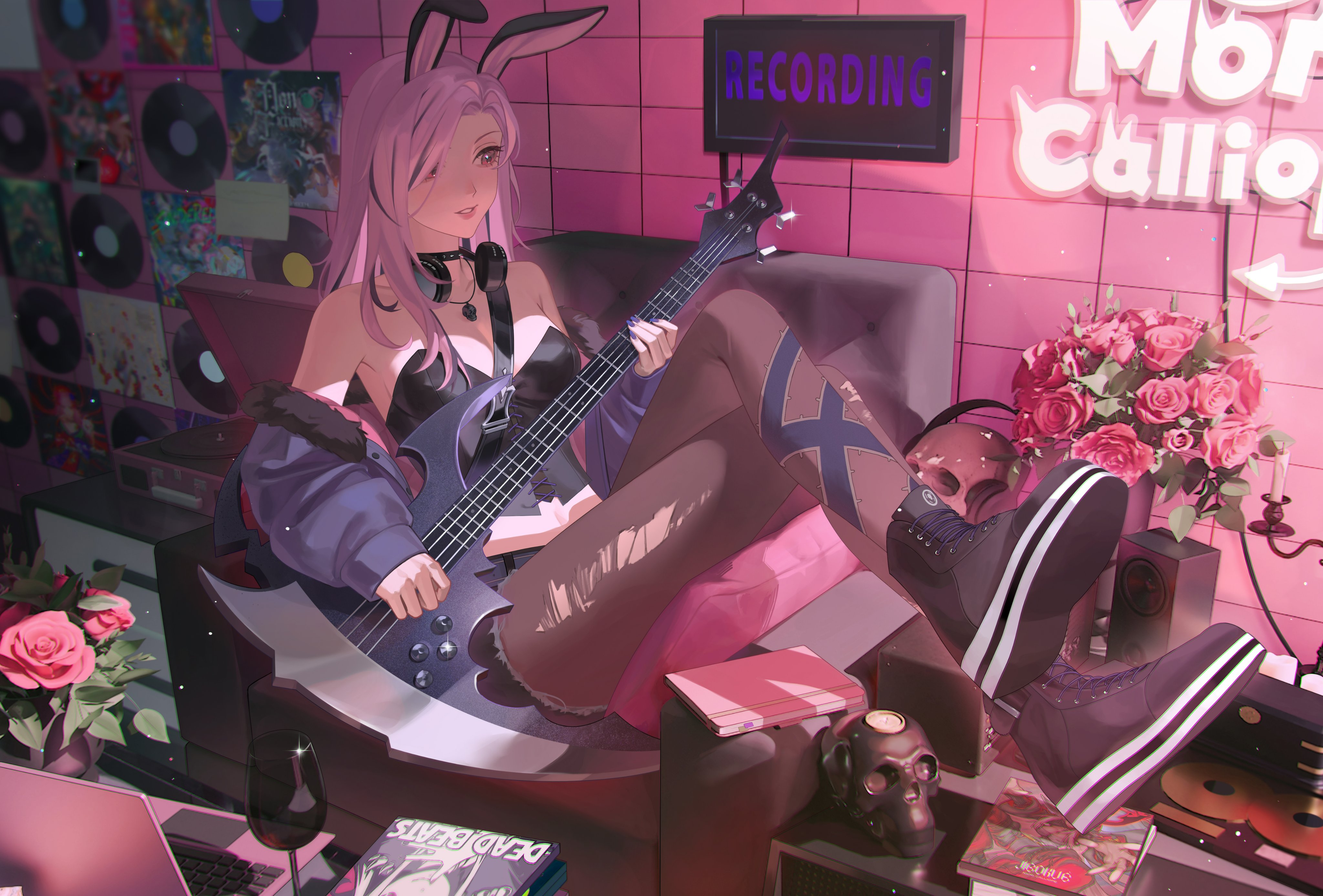 xiisalt, mori calliope, mori calliope (rock bunny), hololive, hololive english, absurdres, commentary, highres, 1girl, animal ear hairband, animal ears, bare shoulders, bass guitar, black hair, black tube top, choker, computer, crossed legs, cup, cutoffs, drinking glass, fake animal ears, flower, fur-trimmed jacket, fur trim, hairband, headphones, headphones around neck, holding, holding instrument, indoors, instrument, jacket, jewelry, laptop, leggings, long hair, midriff, multicolored hair, nail polish, necklace, off shoulder, official alternate costume, pantyhose, parted lips, pink eyes, pink hair, purple jacket, purple nails, rabbit ear hairband, rabbit ears, rose, shoes, sign, sitting, skull, skull necklace, sneakers, solo, speaker, strapless, streaked hair, tile wall, tiles, torn clothes, torn leggings, torn pantyhose, tube top, vinyl record, virtual youtuber