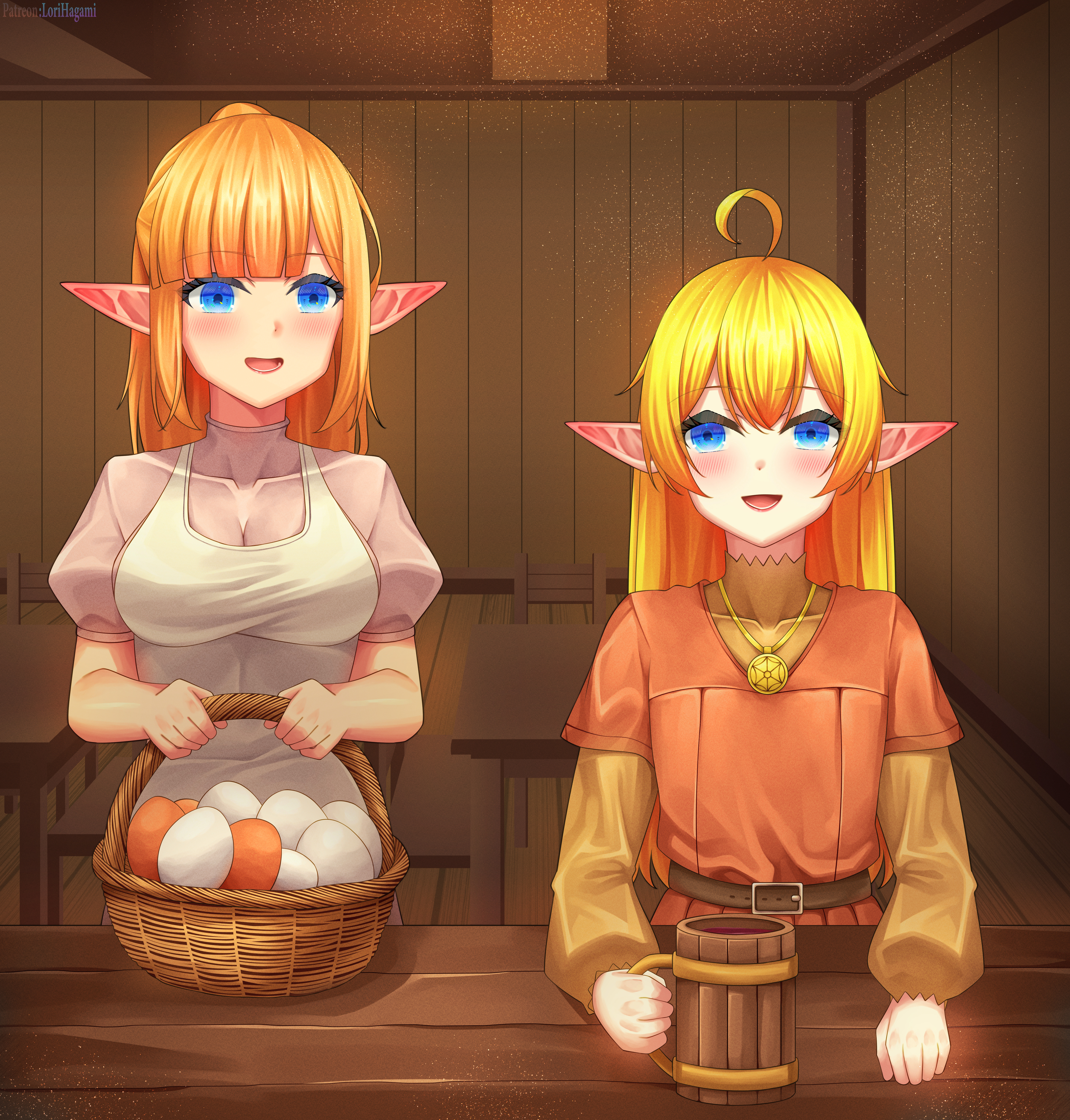 lori hagami, elvavena araline, lotte farona, ways of darkness (series), absurdres, commission, commissioner upload, highres, official art, 2girls, :d, ahoge, alcohol, apron, barrel, basket, beer mug, belt, belt buckle, blonde hair, blue eyes, blush, breasts, brown belt, buckle, chair, coffee, cup, dress, egg, elf, flat chest, holding, holding basket, holding cup, indoors, jewelry, long hair, long sleeves, looking at another, medium breasts, mug, multiple girls, necklace, open mouth, orange dress, pointy ears, ponytail, puffy sleeves, shirt, short sleeves, siblings, smile, table, tankard, white apron, white dress, wooden wall, yellow sleeves