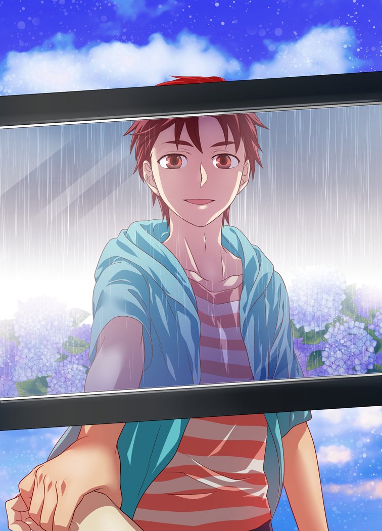 ikuhashi muiko, yashio kaito, robotics;notes, science adventure, 1boy, 1other, casual, cloud, day, flower, hand grab, holding, holding tablet pc, hood, hooded jacket, hydrangea, jacket, looking at viewer, male focus, open clothes, open jacket, open mouth, outdoors, pov, rain, shirt, short hair, sky, smile, striped clothes, striped shirt, tablet pc, tongue, wet