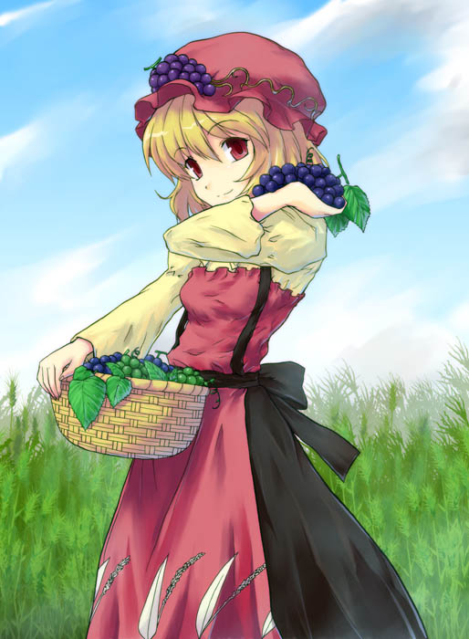 tsuyadashi shuuji, aki minoriko, touhou, 1girl, basket, blonde hair, cloud, female focus, food, fruit, grapes, hat, outdoors, plant, red eyes, sky, solo, standing