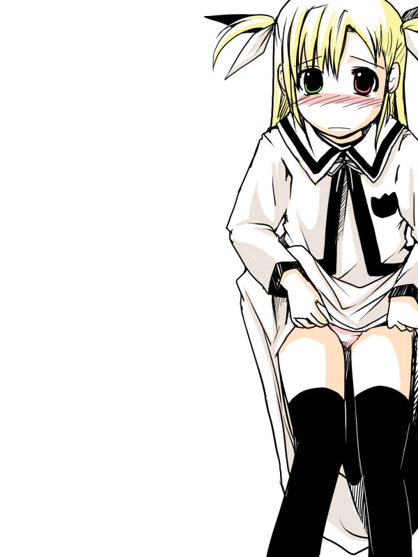 ruku (alicecreation), vivio, lyrical nanoha, mahou shoujo lyrical nanoha, mahou shoujo lyrical nanoha strikers, 00s, blush, clothes lift, panties, school uniform, serafuku, skirt, skirt lift, solo, thighhighs, underwear