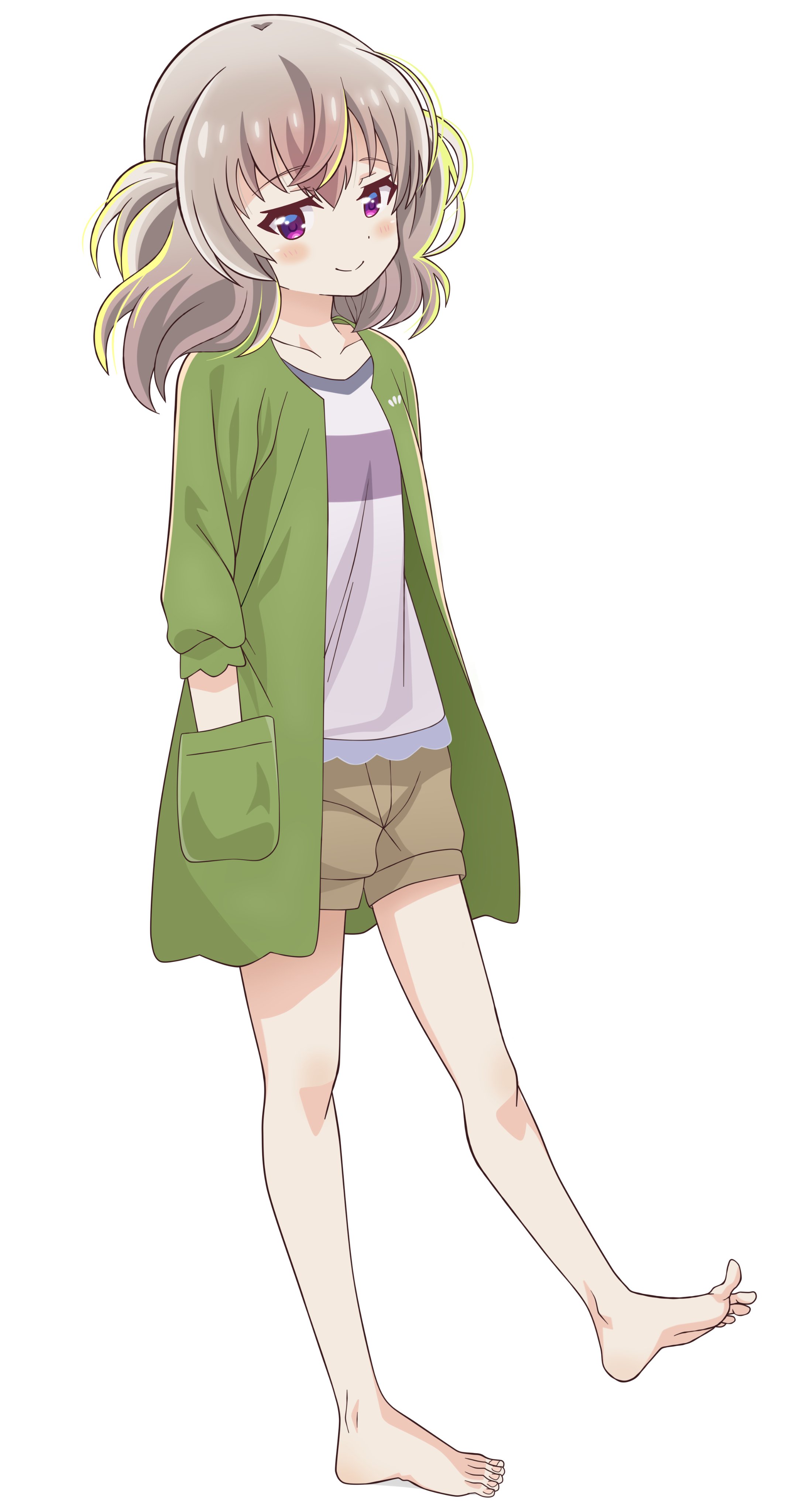 riokasen, yoshinaga koi, slow loop, absurdres, highres, 1girl, barefoot, full body, hands in pockets, purple eyes, short shorts, shorts, smile, solo, twintails, white background