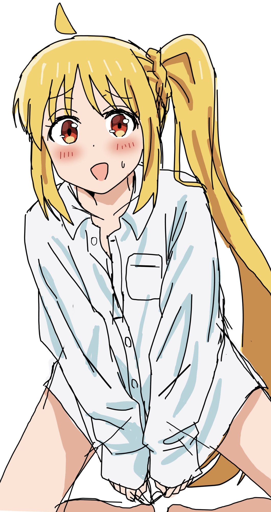 riokasen, ijichi nijika, bocchi the rock!, commentary request, highres, 1girl, ahoge, blonde hair, blush, kneeling, long hair, naked shirt, orange eyes, shirt, shirt tug, side ponytail, sleeves past wrists, solo, sweatdrop, white background