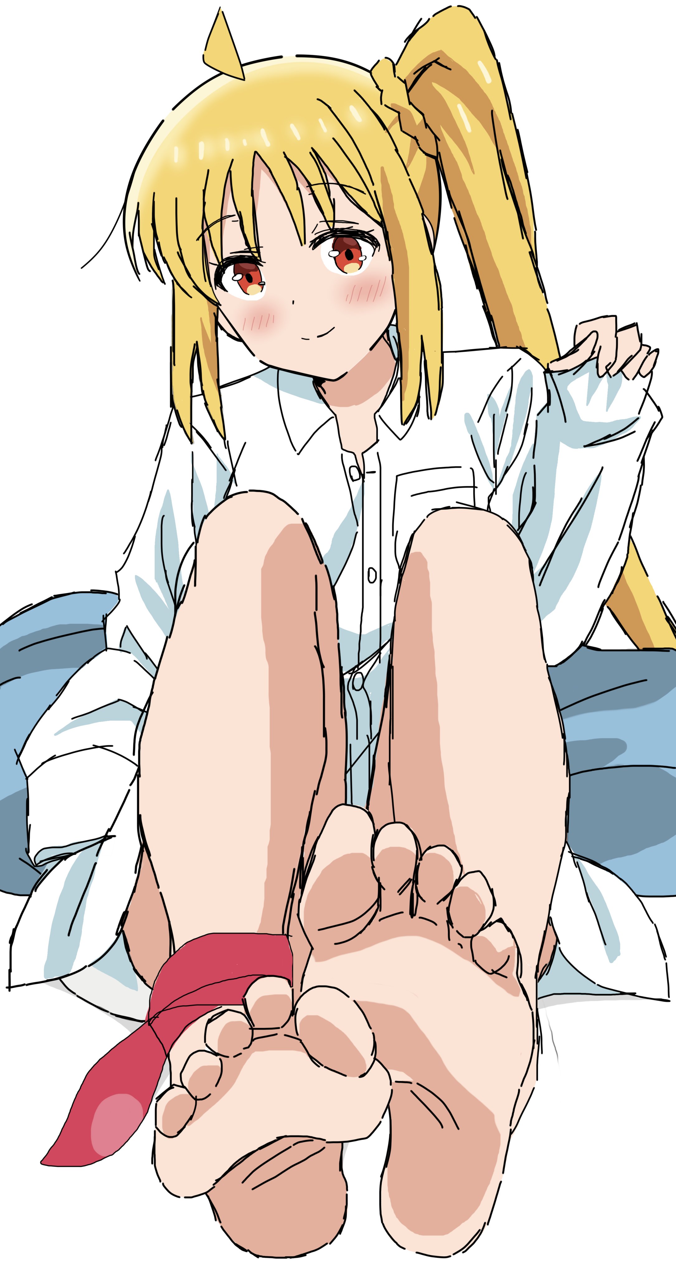 riokasen, ijichi nijika, bocchi the rock!, absurdres, highres, 1girl, ahoge, barefoot, blonde hair, light smile, long hair, naked shirt, orange eyes, shirt, side ponytail, sitting, sleeves past wrists, solo, white background