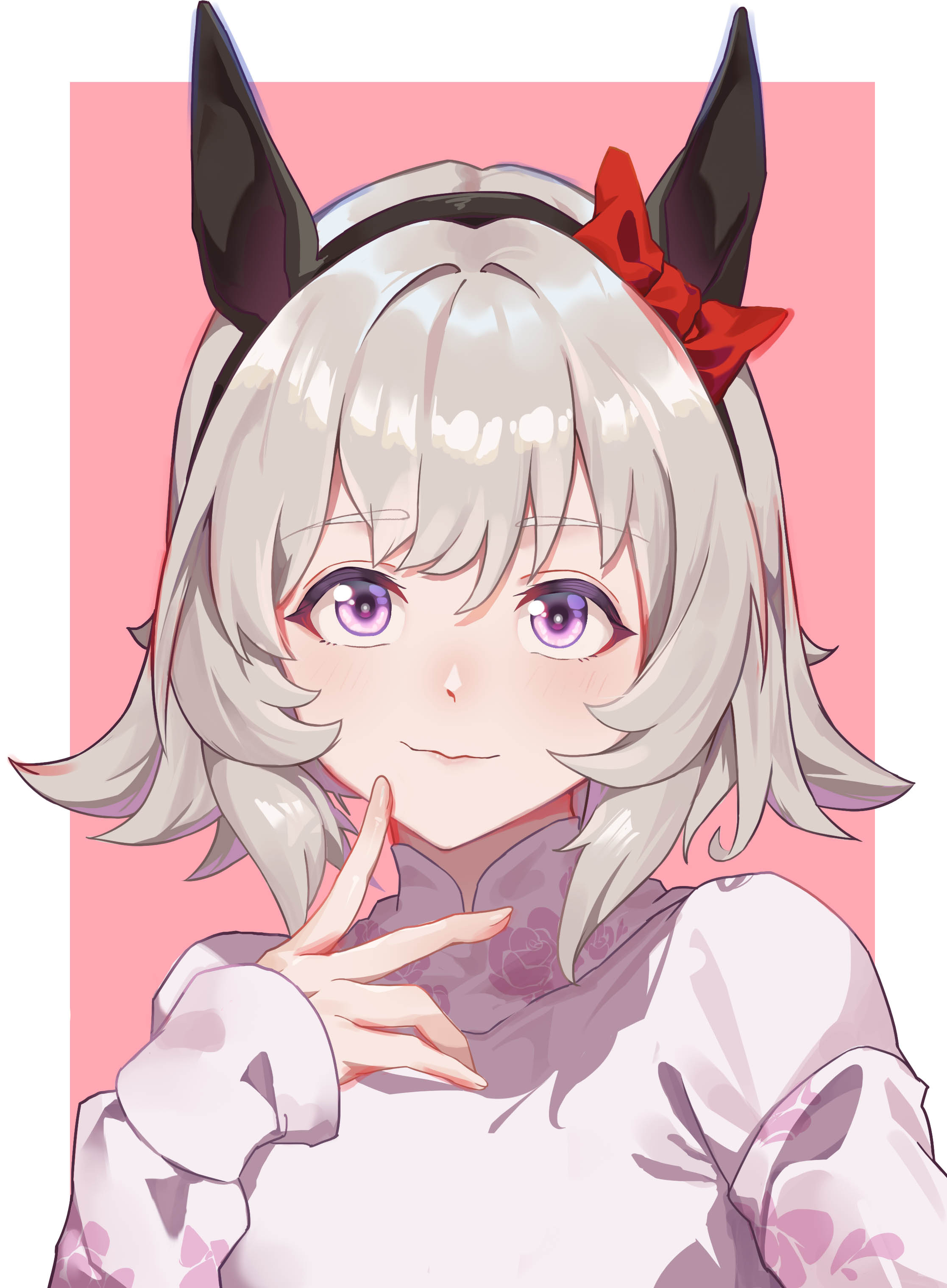 curren chan (umamusume), umamusume, absurdres, highres, 1girl, animal ears, black hairband, blush, bow, closed mouth, ear covers, floral print, grey hair, hair between eyes, hair bow, hairband, high collar, horse ears, horse girl, light smile, looking at viewer, purple eyes, red bow, shirt, short hair, solo, tuomali, upper body, white shirt