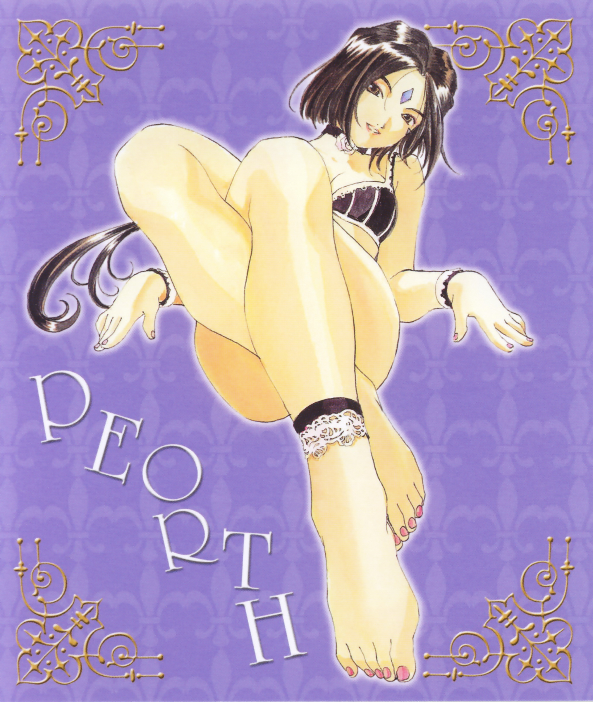 fujishima kousuke, peorth (aa megami-sama), aa megami-sama, highres, scan, 1990s (style), 1girl, ankle garter, anklet, barefoot, black hair, bra, bracelet, character name, choker, facial mark, feet, female focus, forehead mark, jewelry, lingerie, purple background, retro artstyle, short hair, solo, underwear