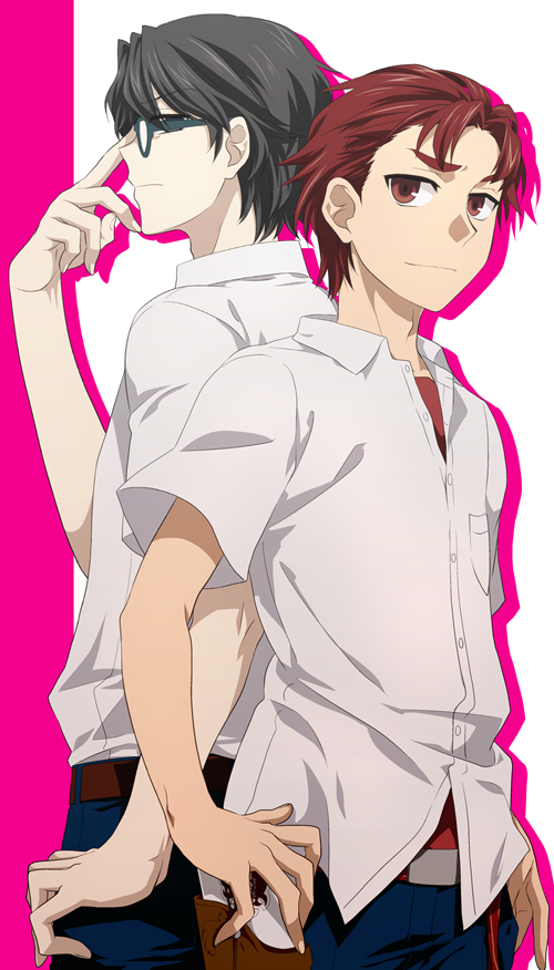 ikuhashi muiko, hidaka subaru, yashio kaito, robotics;notes, science adventure, 2boys, adjusting eyewear, back-to-back, chuo tanegashima high school uniform, glasses, hand on own hip, looking at another, looking at viewer, male focus, multiple boys, red eyes, red hair, school uniform, short hair, short sleeves, smile