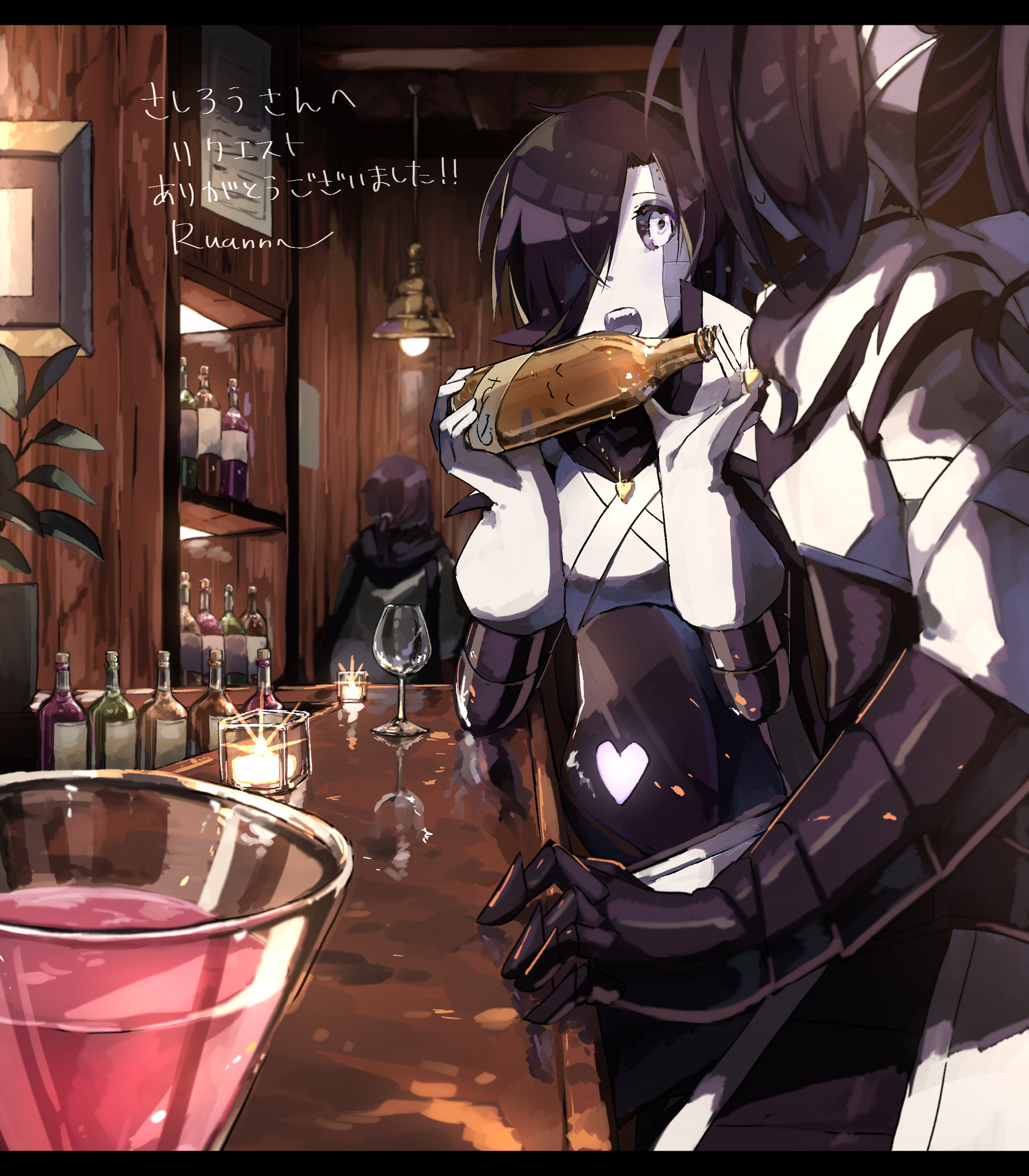 ruannu, frisk (undertale), mettaton, mettaton ex, undyne, undertale, utdr (toby fox), xtale, commentary, commission, english commentary, highres, translation request, 1girl, 2boys, alcohol, alternate universe, android, armored gloves, artist name, beer bottle, black gloves, black hair, black sclera, bottle, cape, ceiling light, champagne, colored sclera, cowboy shot, cup, drinking glass, elbow gloves, face-to-face, fins, gloves, gold necklace, grey tongue, hair over one eye, hair tie, hands up, head fins, heart, heart necklace, holding, holding bottle, indoors, jacket, jewelry, letterboxed, light particles, long hair, looking at another, low ponytail, mechanical arms, multiple boys, necklace, one eye covered, open mouth, picture frame, plant, ponytail, potted plant, red wine, sharp teeth, shelf, short hair, standing, sweatdrop, table, teeth, tongue, white cape, white eyes, white gloves, white jacket, wine, wine glass, wooden ceiling, wooden table, wooden wall