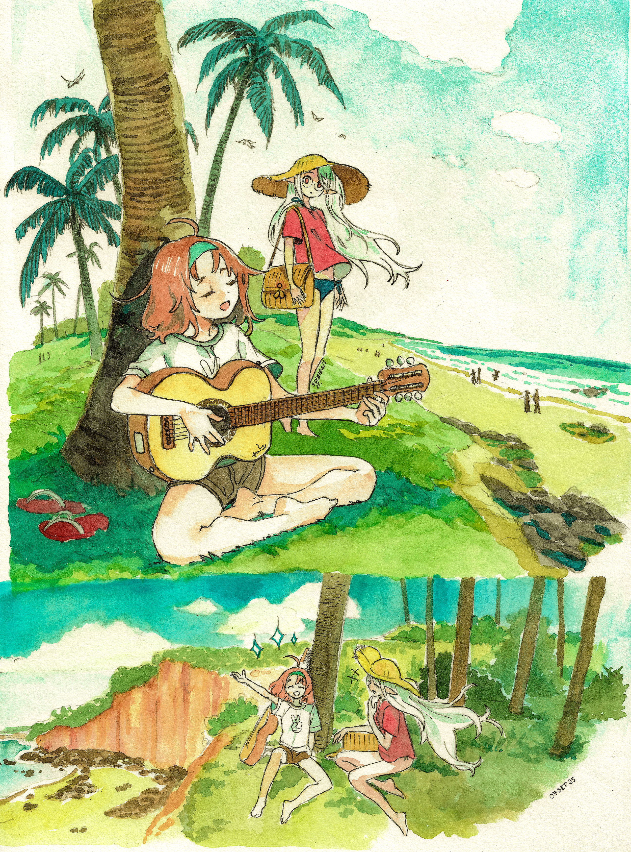 eudetenis, original, absurdres, commentary request, highres, painting (medium), traditional media, watercolor (medium), 2girls, ahoge, aqua bikini, arm up, arms at sides, artist name, bag, barefoot, beach, bikini, bikini bottom only, blue sky, brown shorts, bush, cliff, closed eyes, cloud, dated, day, dot nose, floating hair, glasses, green hair, green hairband, guitar, hairband, hand up, hat, holding, holding guitar, holding instrument, horizon, instrument, long hair, looking at another, medium hair, multiple girls, music, no pants, ocean, on ground, open mouth, outdoors, palm tree, parted lips, people, playing guitar, playing instrument, pointy ears, print shirt, red eyes, red hair, red shirt, round eyewear, sandals, shirt, shoes, shore, short shorts, short sleeves, shorts, shoulder bag, simple bird, singing, sitting, sky, slice of life, smile, sparkle, standing, straw hat, sun hat, swimsuit, t-shirt, tree, unworn shoes, white shirt, wind