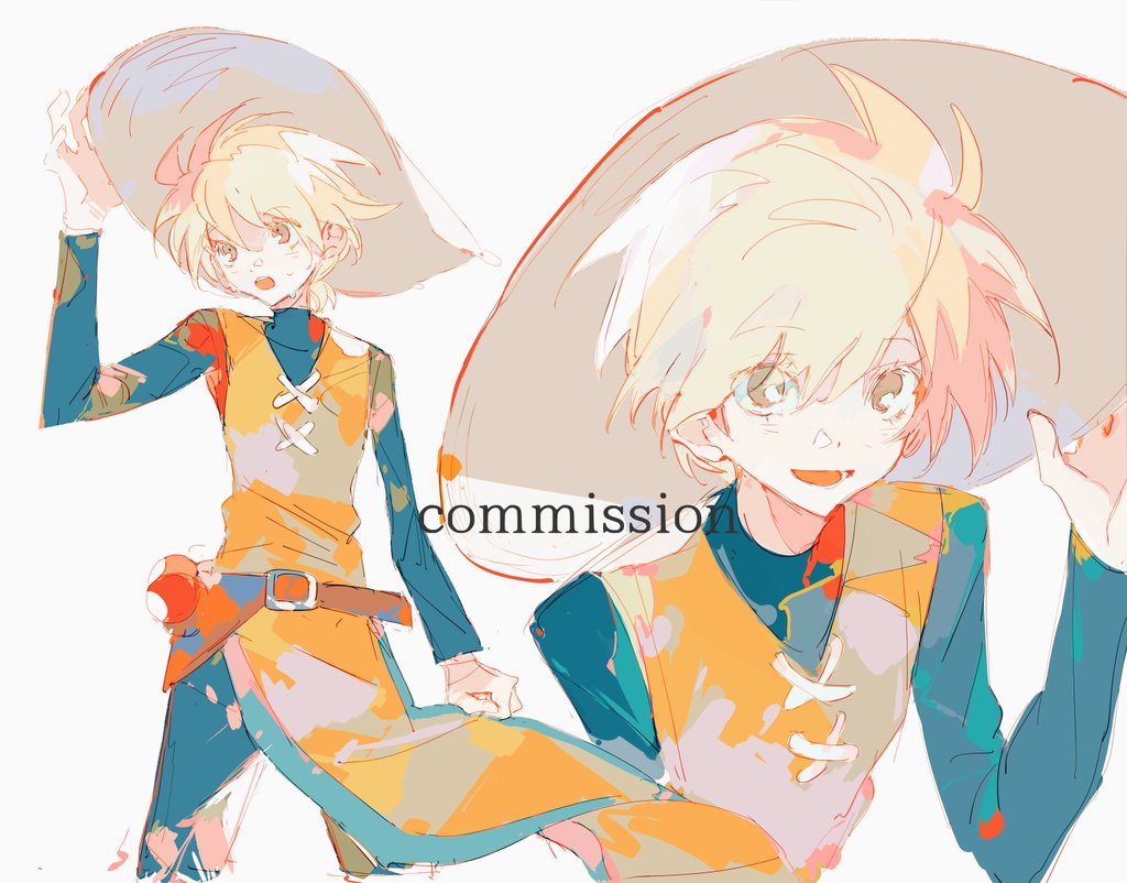 ciuchviicuq, yellow (pokemon), nintendo, pokemon, pokemon adventures, commission, 1girl, :d, :o, belt, blonde hair, blue pants, blue shirt, blue sleeves, brown belt, brown eyes, brown hat, coat, commissioner insert, cowboy shot, hat, open mouth, orange coat, orange vest, pants, shirt, short hair, simple background, smile, solo, spiked hair, sun hat, sweat, teeth, tongue, upper body, vest, white background