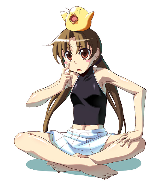 chikugen shiina, baby animal, bare shoulders, bird, brown eyes, brown hair, chick, halterneck, midriff, sitting, skirt, solo, tank top, twintails