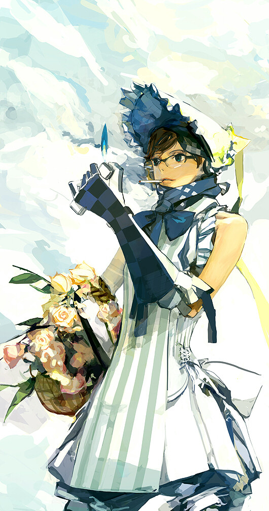 panamaman, light, blue eyes, bonnet, bouquet, brown hair, cigarette, cloud, flower, glasses, smoking, solo