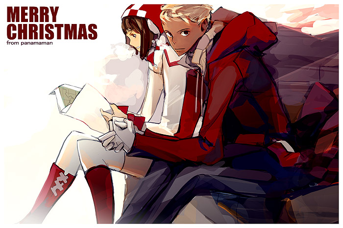 panamaman, 1boy, 1girl, book, boots, christmas, couple, hetero, open book, reading, thighhighs