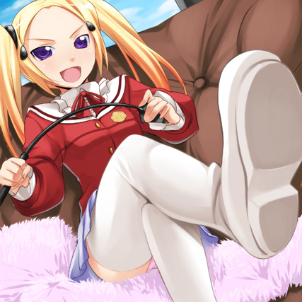chikugen shiina, aoyama mio, kami nomi zo shiru sekai, lowres, 1girl, blonde hair, boots, female focus, panties, pantyshot, riding crop, skirt, solo, thigh boots, thighhighs, twintails, underwear, upskirt, whip