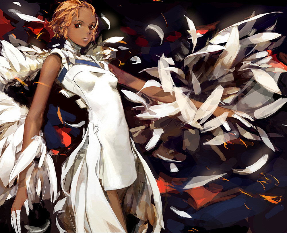 panamaman, bandages, blonde hair, dark-skinned female, dark skin, feathers, red eyes, solo, wings