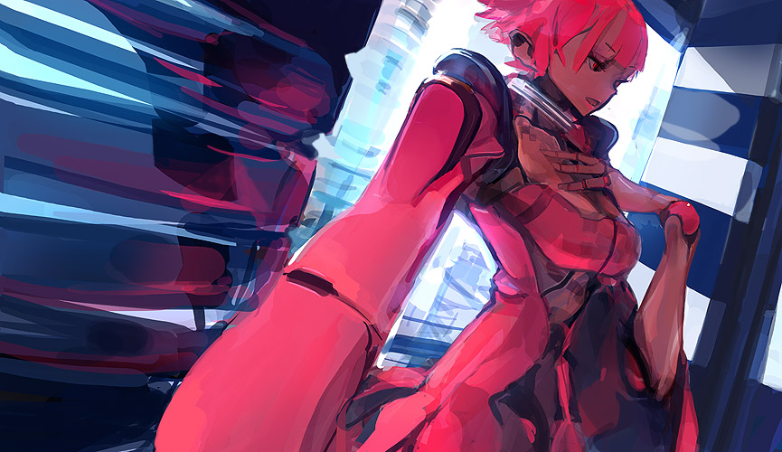 panamaman, original, 1girl, armor, bad anatomy, bad proportions, breasts, colorful, female focus, hand on own chest, lipstick, looking down, makeup, medium breasts, open mouth, poorly drawn, red eyes, red hair, short hair, solo, standing