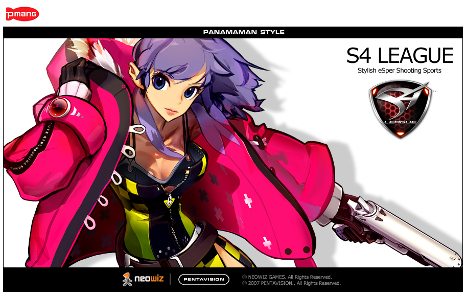 panamaman, s4 league, concept art, official art, 1girl, blue eyes, breasts, cleavage, female focus, gloves, gun, large breasts, lipstick, makeup, mmo, mmorpg, purple hair, solo, weapon