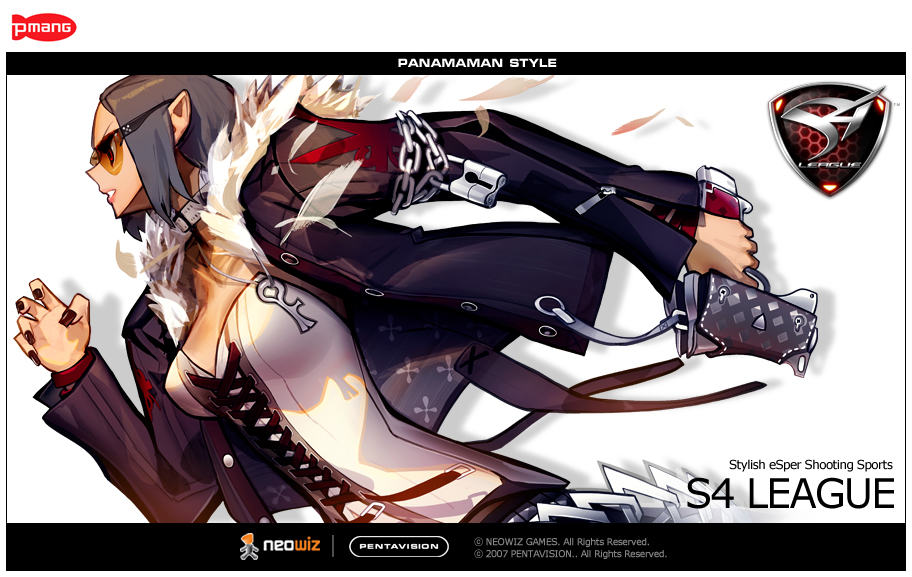 panamaman, s4 league, concept art, official art, chain, feathers, glasses, gun, lipstick, lock, makeup, mmo, nail polish, padlock, pointy ears, solo, weapon