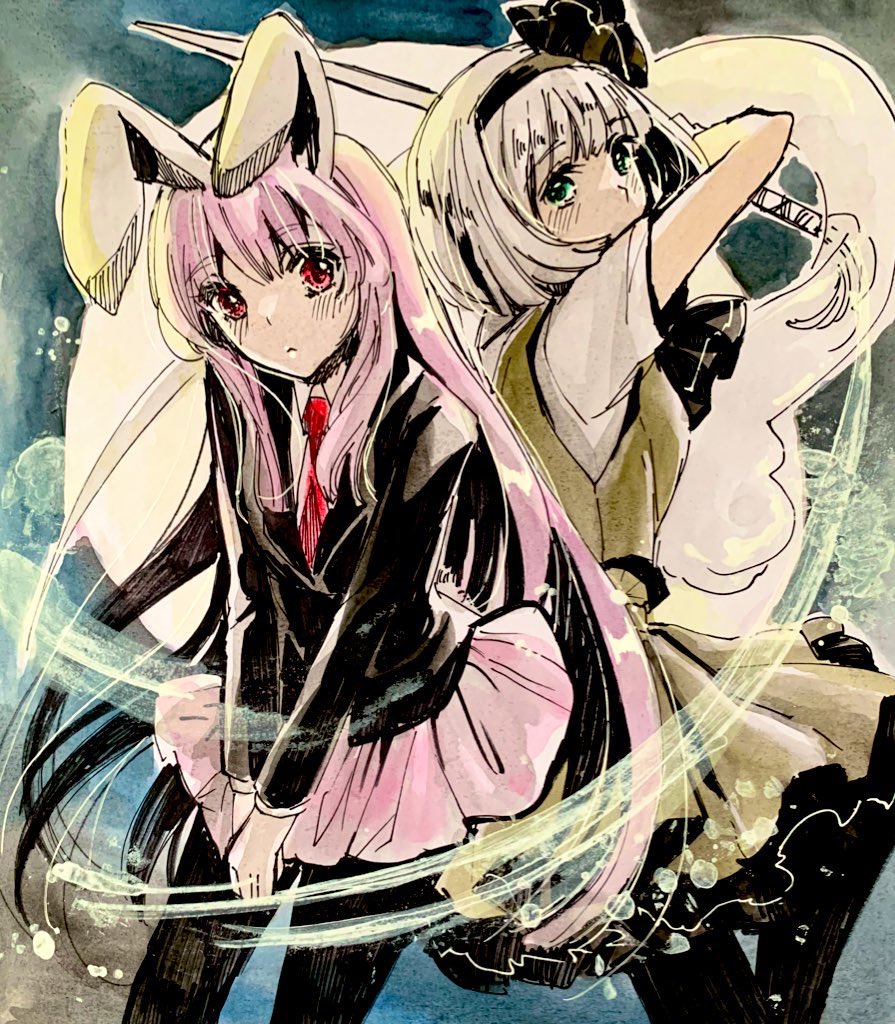 akaioringo2023, konpaku youmu, reisen udongein inaba, touhou, 2girls, animal ears, black jacket, blazer, bob cut, formal clothes, jacket, long hair, long sleeves, looking at viewer, medium hair, multiple girls, necktie, purple eyes, rabbit ears, red necktie, short sleeves, skirt, skirt suit, suit, very long hair, white hair