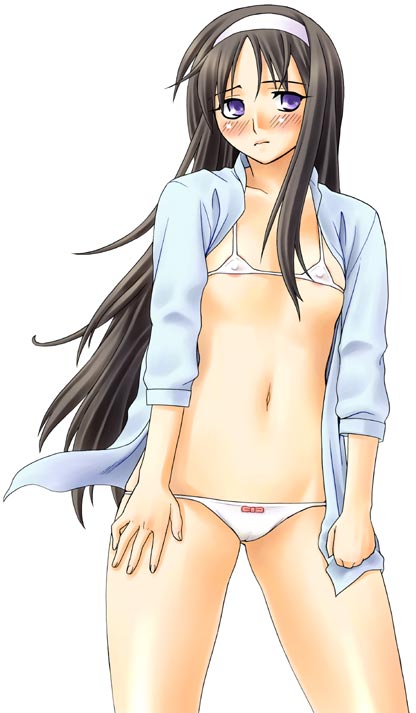unagimaru, tohno akiha, tsukihime, 00s, 1girl, blue eyes, blush, covered erect nipples, female focus, flat chest, hairband, lingerie, open clothes, open shirt, shirt, solo, underwear