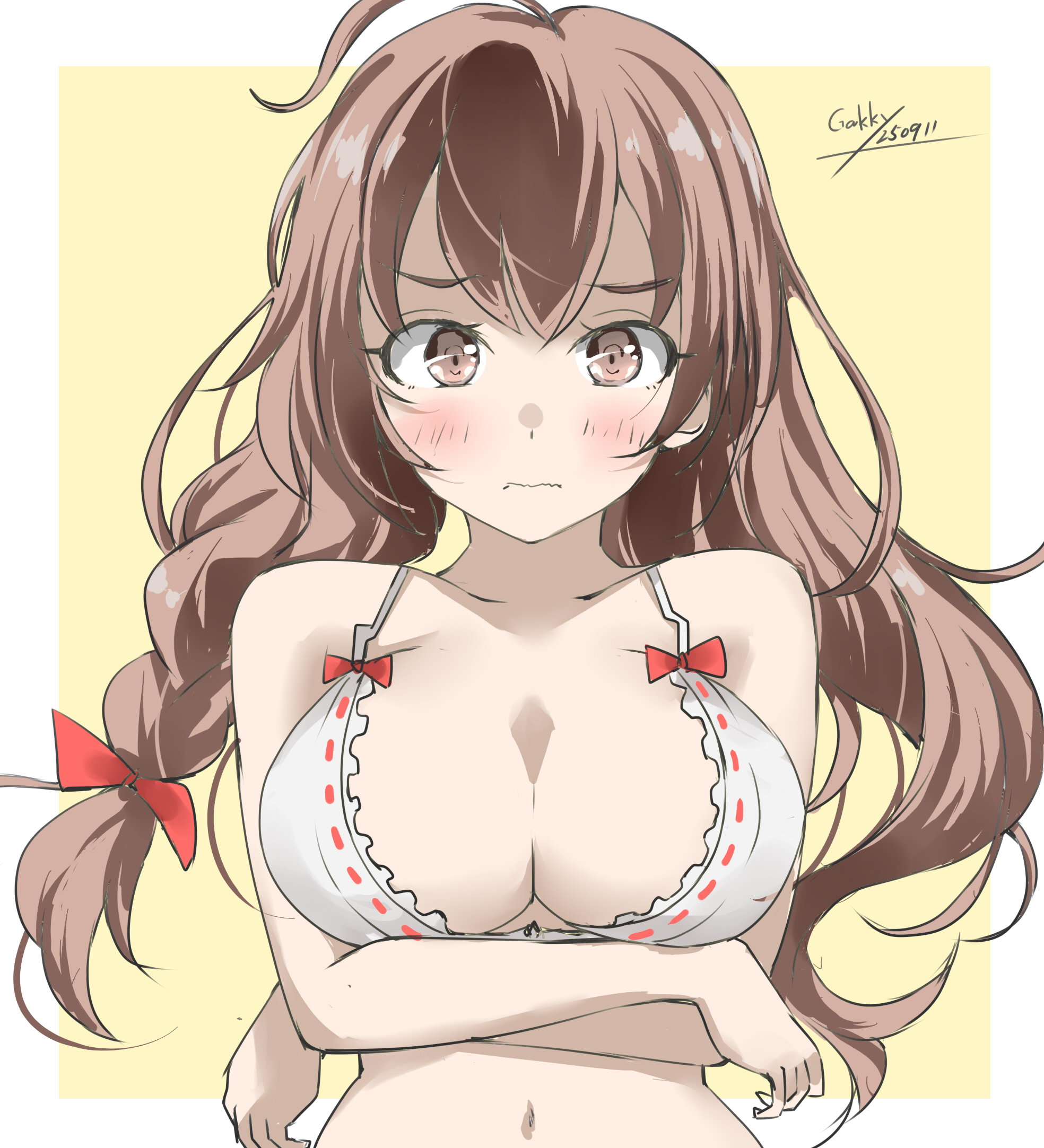gakky, shinshuu maru (kancolle), kantai collection, highres, 1girl, ahoge, arms under breasts, artist logo, bra, braid, breasts, brown eyes, brown hair, cleavage, crossed arms, dated, embarrassed, large breasts, logo, long hair, looking at viewer, one-hour drawing challenge, single braid, solo, underwear, upper body, white bra, yellow background
