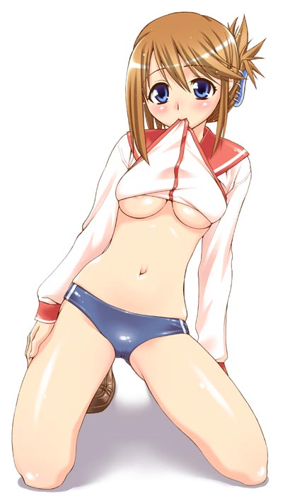 unagimaru, komaki manaka, to heart (series), to heart 2, 00s, 1girl, breasts, buruma, cameltoe, female focus, folded ponytail, midriff, mouth hold, skindentation, solo, underboob