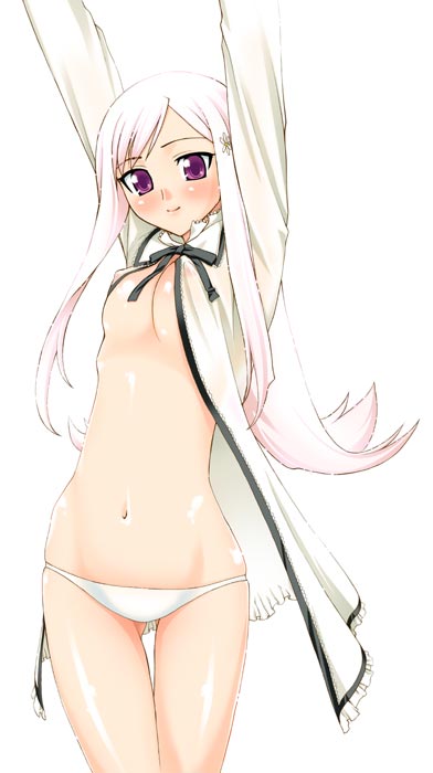 unagimaru, lucy maria misora, to heart (series), to heart 2, 00s, 1girl, arms up, blush, breasts, covered erect nipples, female focus, long hair, lowleg, lowleg panties, midriff, no bra, open clothes, open shirt, panties, pink hair, purple eyes, shirt, simple background, smile, solo, underwear, white hair, white panties