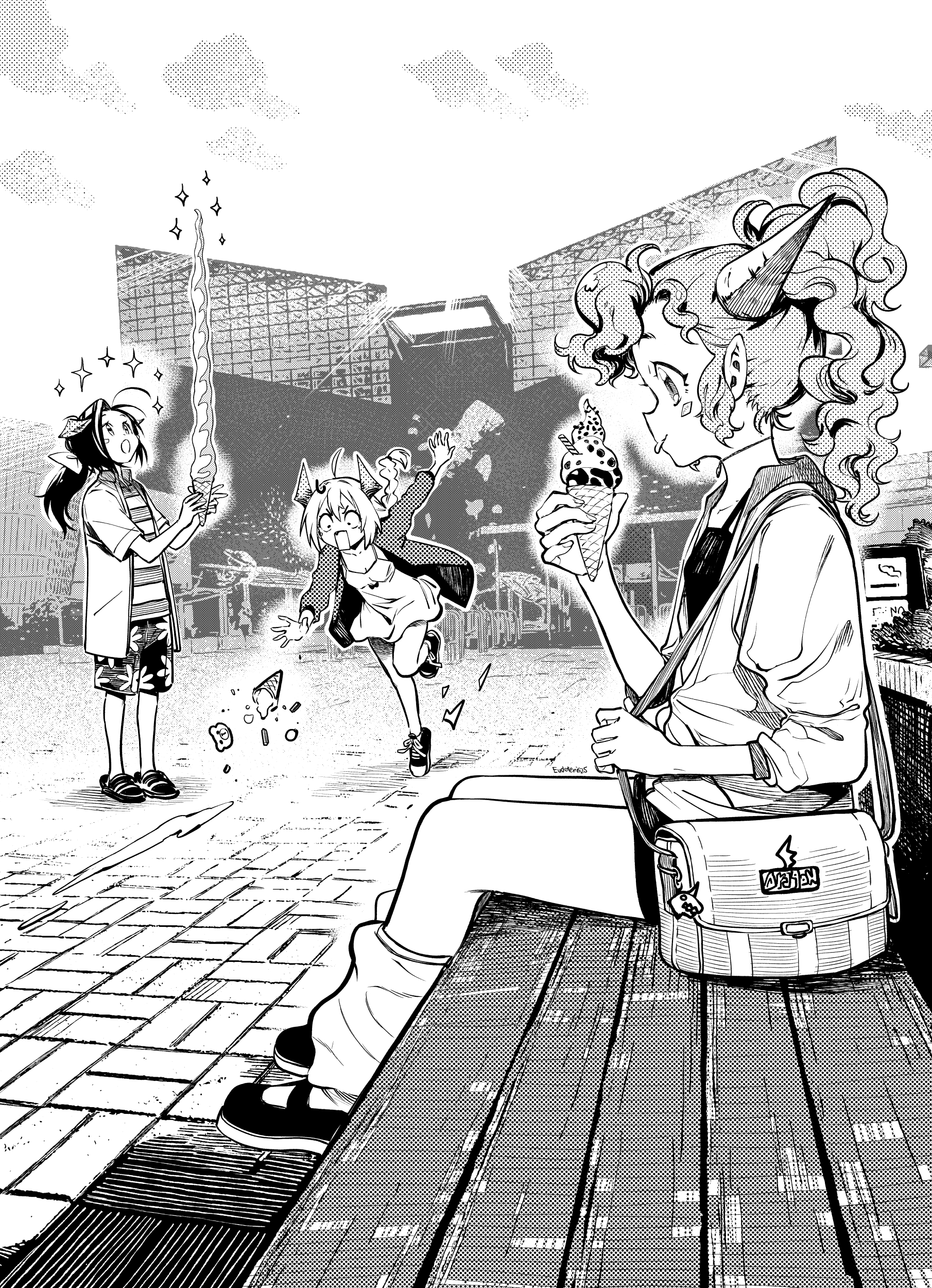 eudetenis, converse, original, absurdres, commentary request, highres, 3girls, :o, ahoge, awestruck, bag, bow, braid, building, cardigan, curly hair, dithering, dress, floral print, floral print shorts, greyscale, hair bow, holding, holding ice cream cone, hood, hooded jacket, horns, ice cream cone, imminent eating, jacket, leg warmers, long hair, long sleeves, monochrome, multiple girls, on bench, open cardigan, open clothes, open jacket, open mouth, open shirt, outdoors, pointy ears, ponytail, print shorts, rectangular mouth, sandals, sanpaku, shirt, short dress, short shorts, short sleeves, shorts, shoulder bag, single braid, sitting, sleeveless, sleeveless dress, slice of life, sparkle, spilling, standing, striped clothes, striped shirt, surprised, sweatdrop, tongue, tongue out, tripping, v-shaped eyebrows