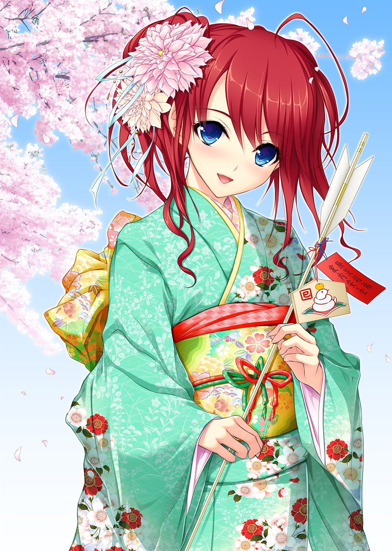 tsukishima kyou, hatsukoi 1/1, artist request, commentary request, highres, official art, translation request, 1girl, arrow (projectile), blue eyes, blue sky, cherry blossoms, closed mouth, cowboy shot, falling petals, floral print, floral print kimono, flower, green kimono, green sash, hair flower, hair ornament, hamaya, holding, holding arrow, japanese clothes, kimono, looking at viewer, obi, petals, pink flower, pink petals, print kimono, red hair, sash, sky, smile, solo, yellow flower