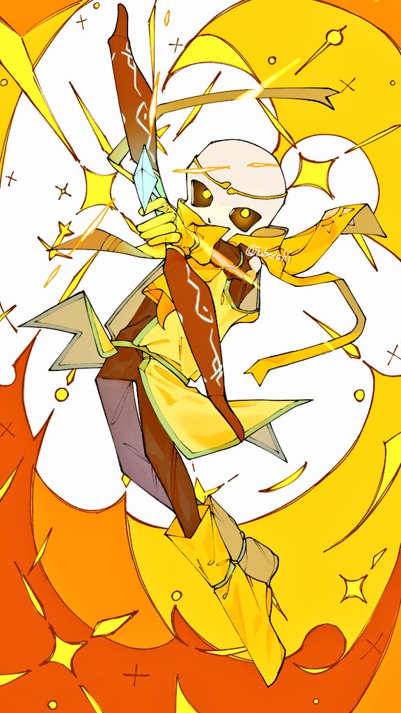 mei (tuboishi), sans (undertale), undertale, utdr (toby fox), commentary, english commentary, 1boy, aiming, aiming at viewer, black sclera, boots, bow (weapon), brown pants, brown shirt, cape, circlet, coat, colored sclera, covered mouth, crossed knees, crossed legs, dreamtale, full body, gloves, glowing, glowing eyes, gold circlet, holding, holding bow (weapon), holding weapon, knee boots, looking at viewer, male focus, pants, shirt, simple background, skeleton, sleeveless, sleeveless coat, sleeveless shirt, solo, sparkle, twitter username, upturned eyes, weapon, white background, yellow boots, yellow cape, yellow coat, yellow eyes, yellow gloves, yellow theme