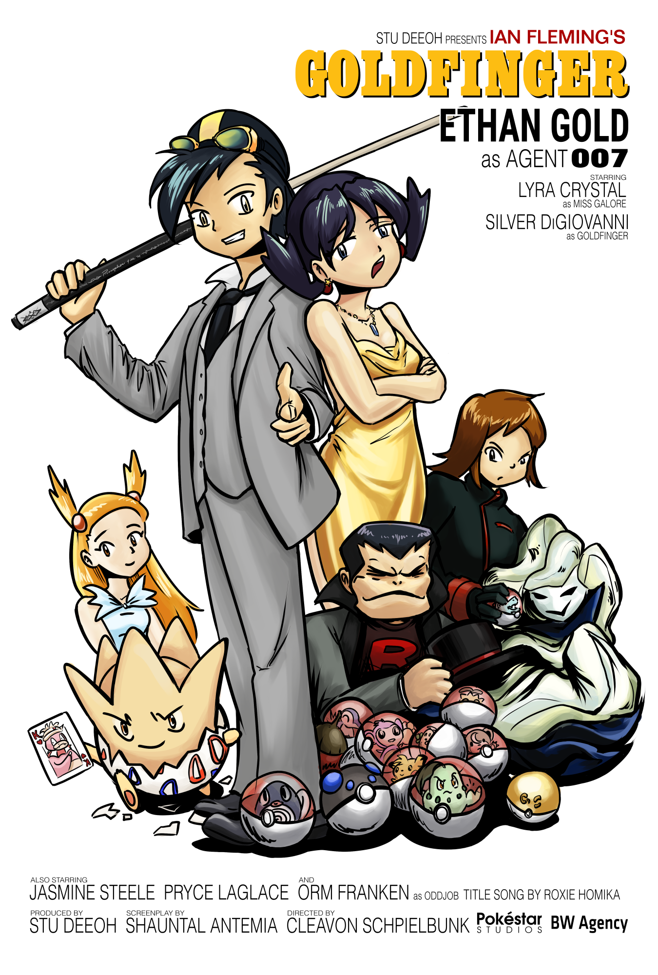 pilosophos, aipom, chikorita, cyndaquil, ethan (pokemon), jasmine (pokemon), kris (pokemon), orm (pokemon), pikachu, poliwag, silver (pokemon), slowking, sunkern, teddiursa, togepi, 007, nintendo, pokemon, pokemon adventures, highres, scan, ahoge, annoyed, armpit crease, bare back, bare shoulders, black hair, blue eyes, breasts, brown eyes, brown hair, cameo, character name, cleavage, collarbone, crease, crossed arms, dress, earrings, english text, flipped hair, forehead, formal clothes, full body, gen 1 pokemon, gen 2 pokemon, goggles, goggles on headwear, gym leader, hair bobbles, hair ornament, jewelry, legs, long dress, long hair, long sleeves, looking at viewer, movie poster, necklace, necktie, no headwear, open mouth, parody, parted bangs, pointing, pointing at viewer, poke ball, pokemon (creature), raised eyebrow, red hair, short hair, shoulder-to-shoulder, side slit, sleeveless, sleeveless dress, small breasts, standing, sundress, thighs, tight clothes, tight dress, twintails, upper body, v-shaped eyebrows, yellow dress