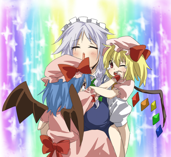 kiji (manekinuko-tei), flandre scarlet, izayoi sakuya, remilia scarlet, duel love, touhou, 3girls, bat wings, blood, cheek pinching, cheek pull, female focus, hat, heaven condition, maid, maid headdress, mob cap, multiple girls, nosebleed, parody, pinching, tears, wings