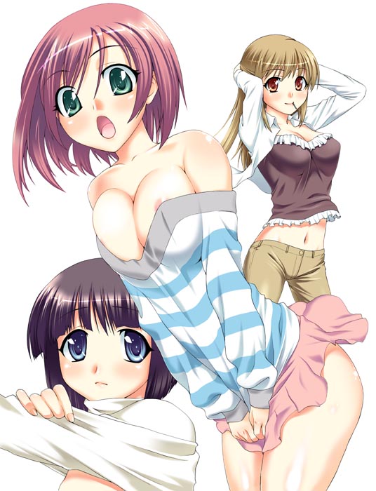 unagimaru, kaoruko (to heart 2), kasumi (to heart 2), reona (to heart 2), to heart (series), to heart 2, striped, 00s, 3girls, :o, aqua eyes, areola slip, arms behind head, arms up, bare shoulders, black hair, blue eyes, breasts, brown hair, cleavage, clothes lift, large breasts, long hair, midriff, multiple girls, no bra, off shoulder, pink hair, red eyes, short hair, skirt, skirt lift, skirt tug, sweater, undressing