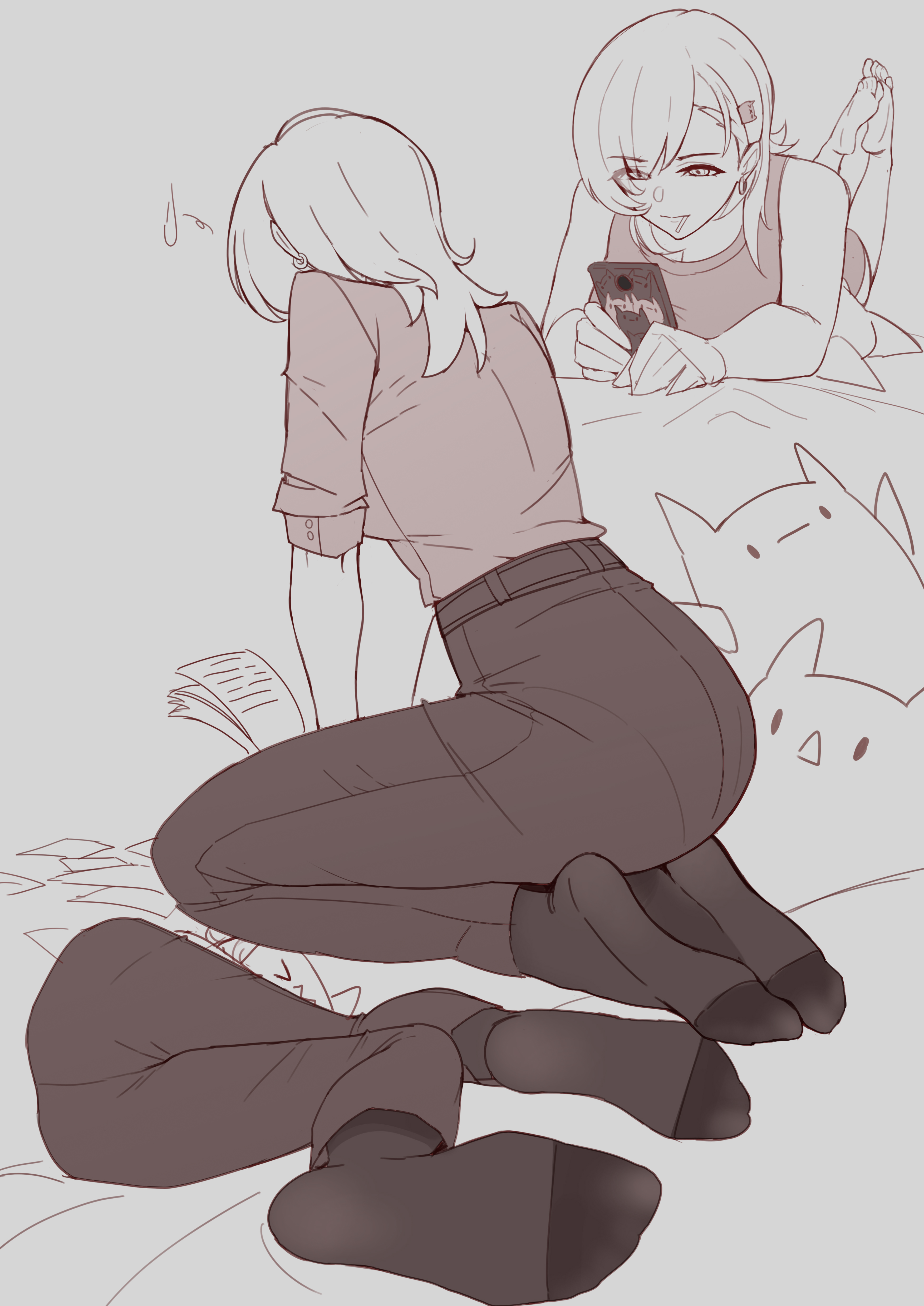 sa-baaa, absurdres, highres, 1girl, barefoot, cellphone, feet, lying, monochrome, on side, on stomach, phone, see-through clothes, see-through legwear, smartphone, soles, toes